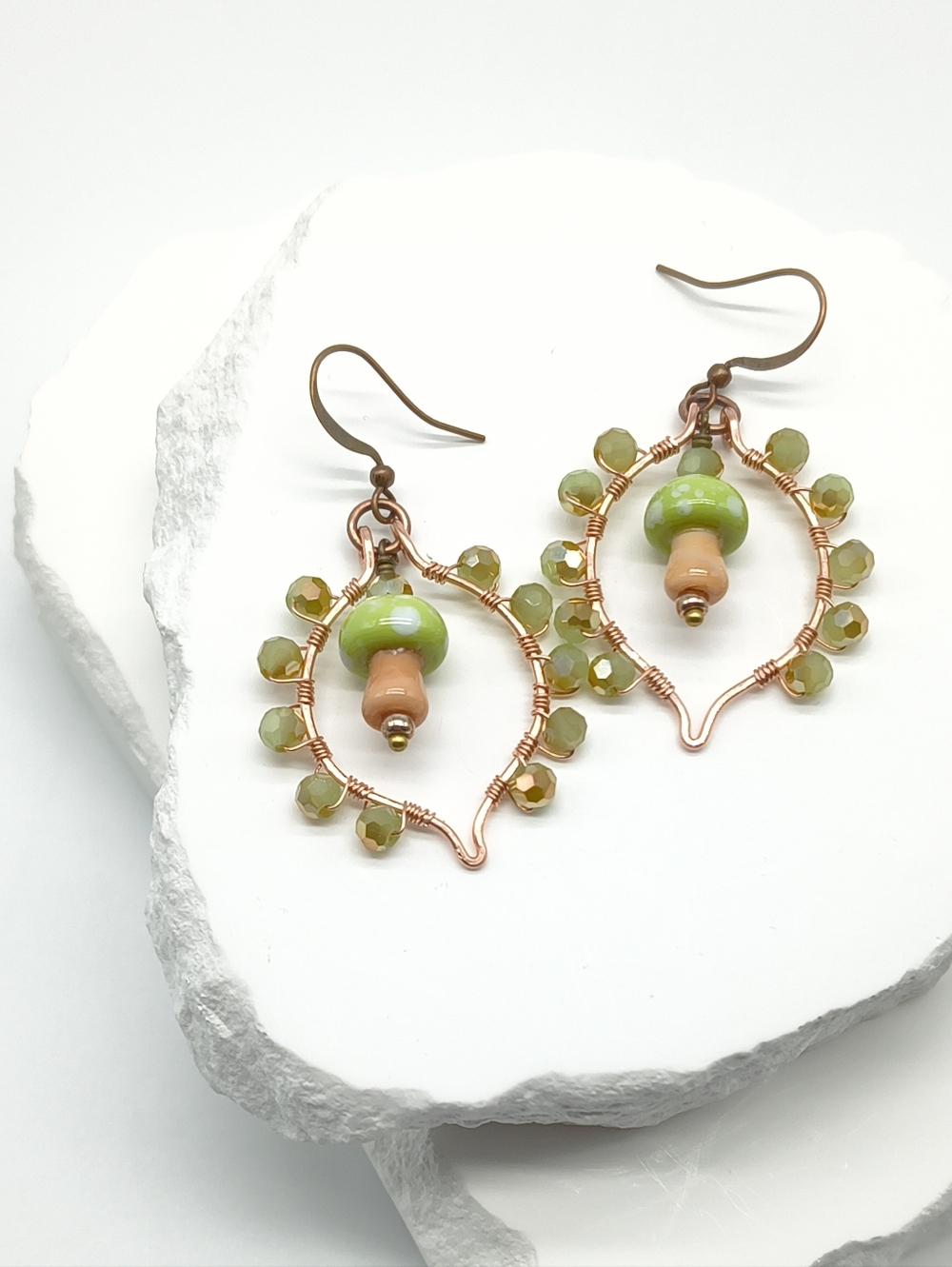 Whimsical Mushroom Crystal Hoop Dangle Earrings